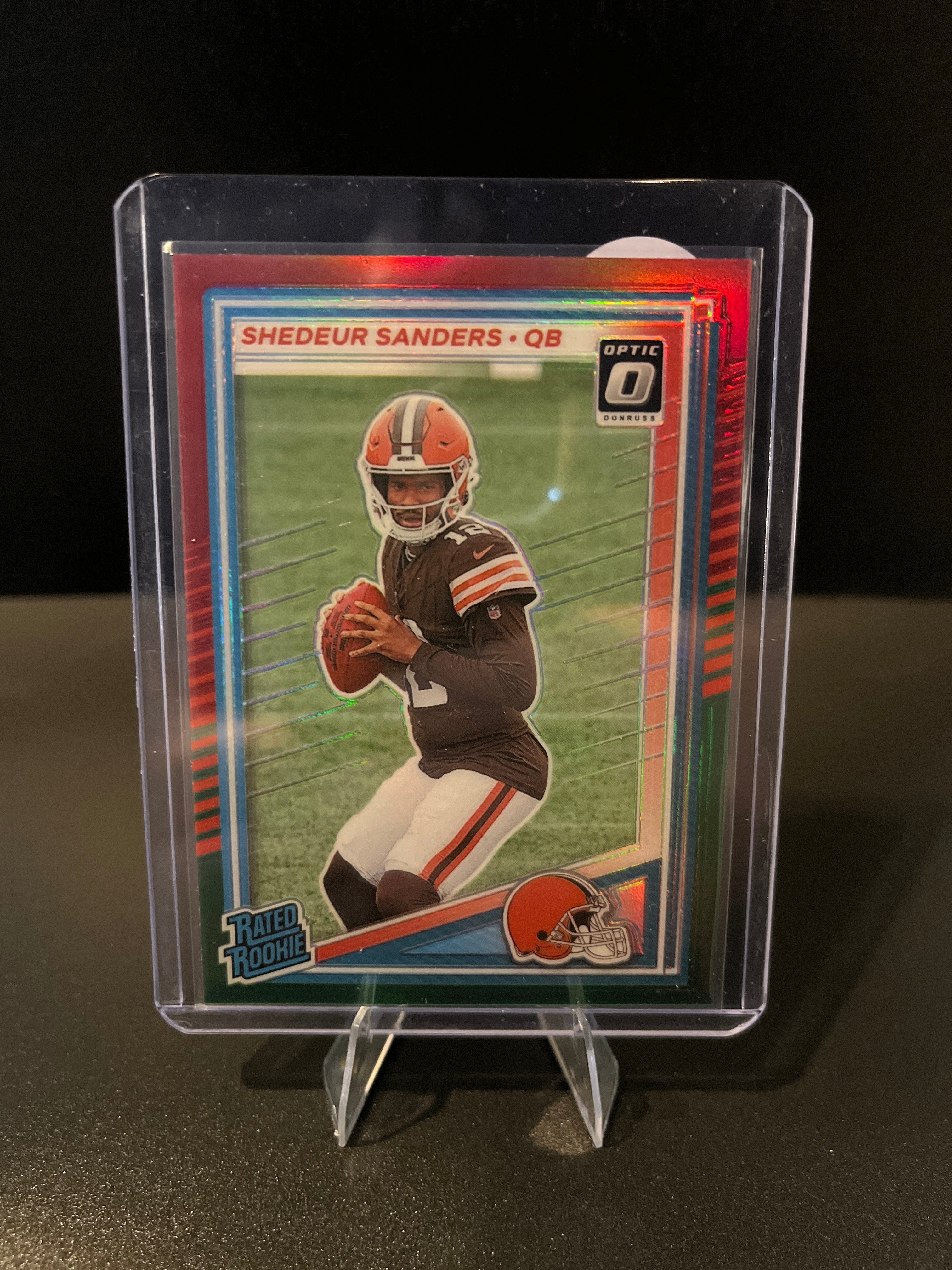 2025 Donruss Football Shedeur Sanders Rated Rookie Red and Green Optic Preview Prizm No. 306