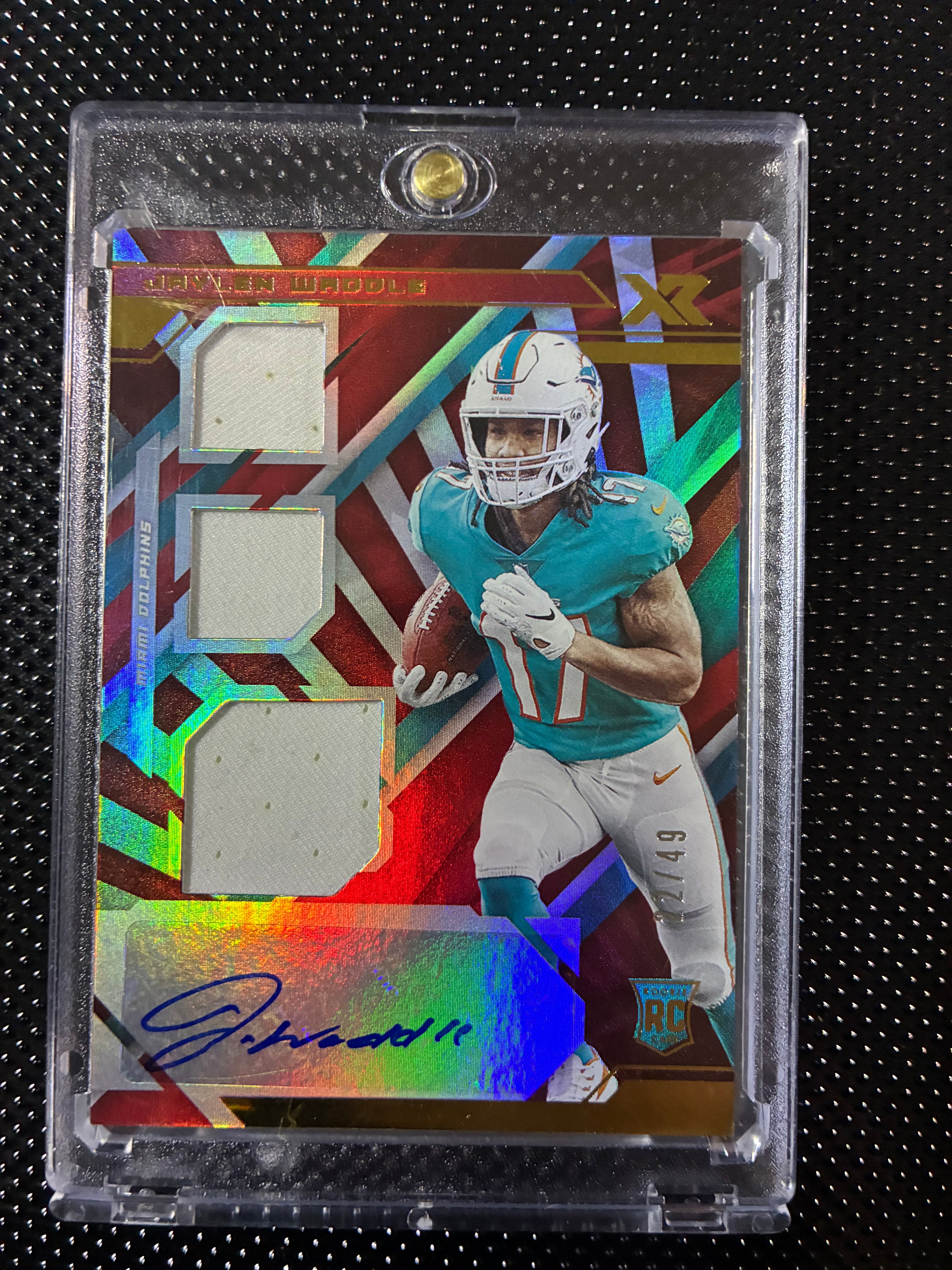 2021 XR Football Jaylen Waddle Triple Swatch RPA Red No. 206 22/49