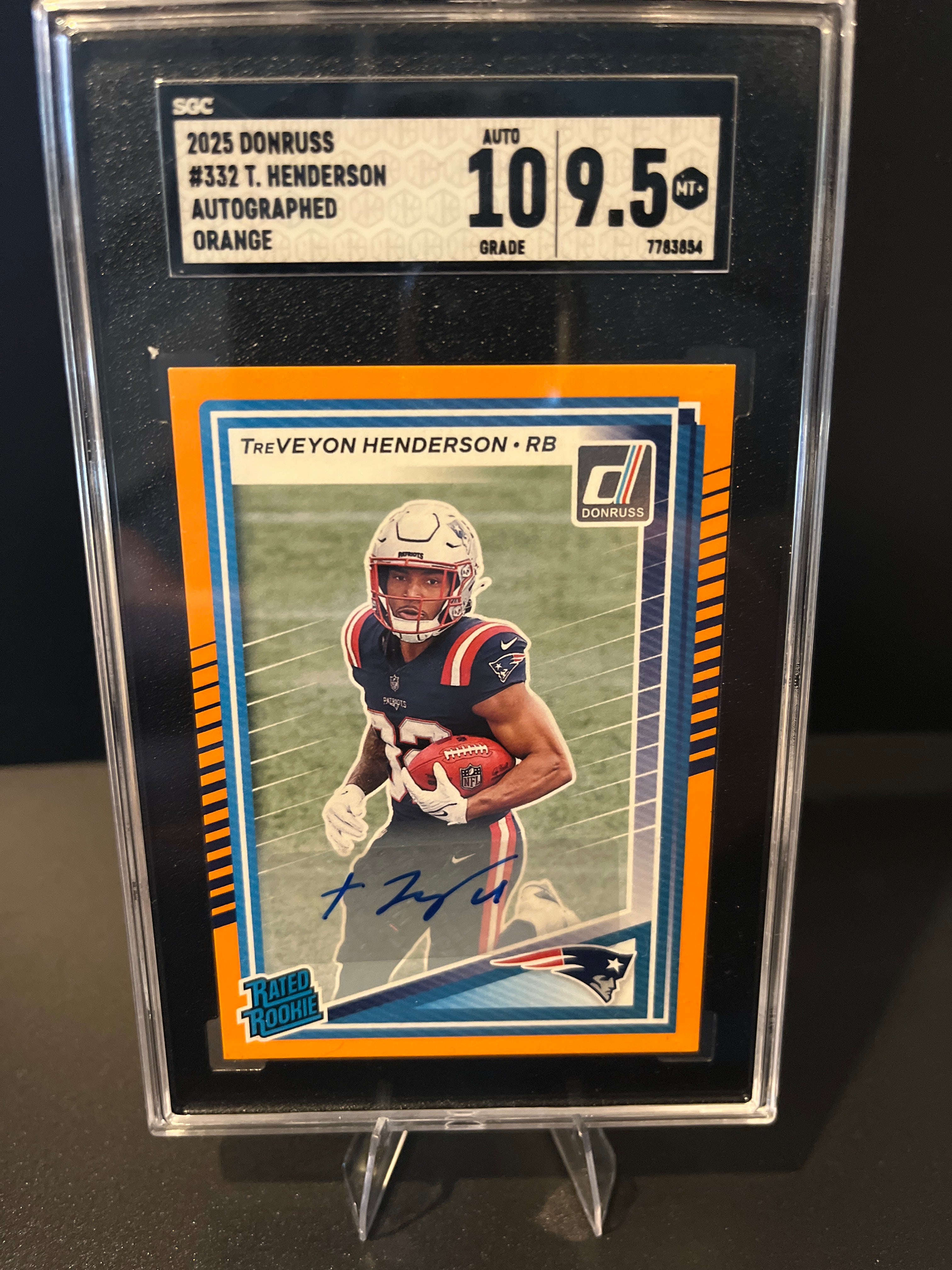 2025 Donruss Football TreVeyon Henderson Orange Autograph No. 332 SGC Graded Auto 10/9.5 MT